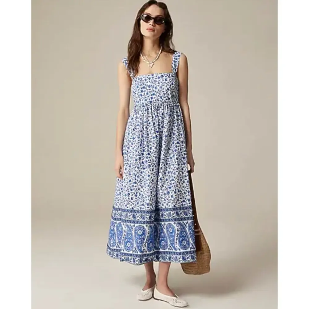 J Crew Square Neck Midi Dress 6 Blue Bandana Floral NWT CK798 J.Crew Western